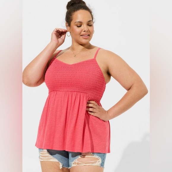 torrid Tops - NWT Torrid Slub V-Neck Smocked Babydoll Tank, Size 00 (10), Rouge Red